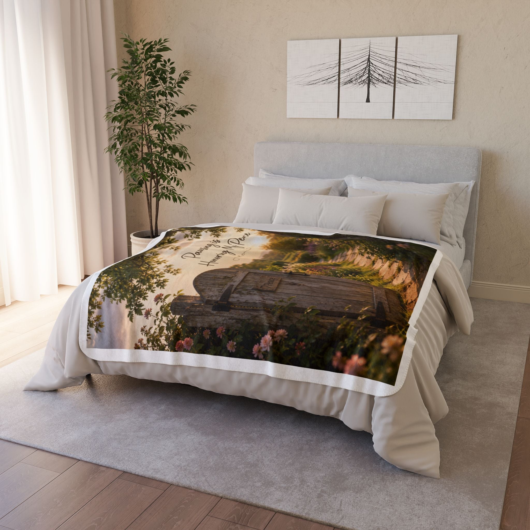 Peaceful Garden Sherpa Blanket — "Pausing is Honoring My Peace" Cozy Fleece Throw